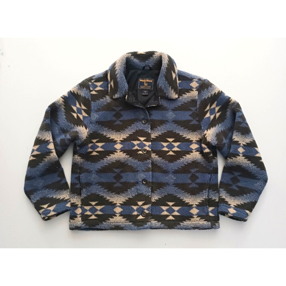 Woolrich  Sherpa Fleece Jacket Blue Gray Southwest Button Front Pockets Sz L